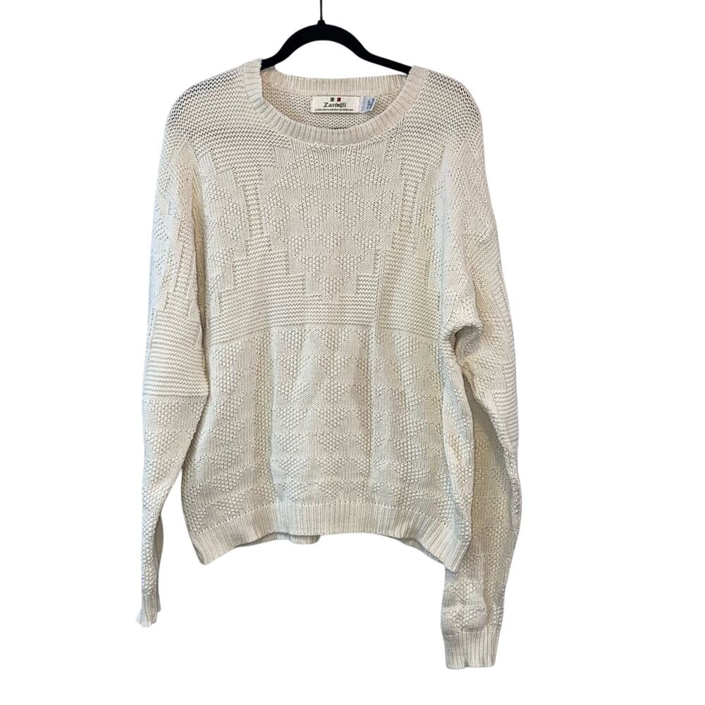 Zanetti Cotton Knit Sweater Cream Textured Crewneck Medium Cozy Minimalist